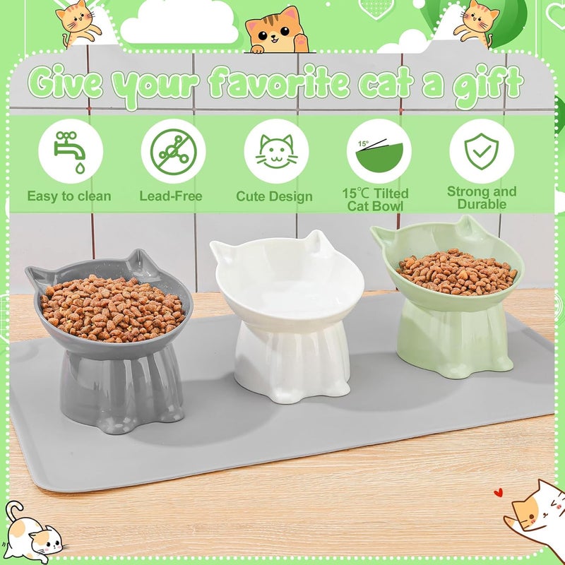 Hoemwarm 3 Pcs Elevated Cat Bowls 15°Raised Cat Food Bowl with Silicone Mat Whisker Friendly Anti Vomiting Cats Dishes Pet Food and Water Bowls for Indoor Cats Kittens Classic 3 Colors - Image 3